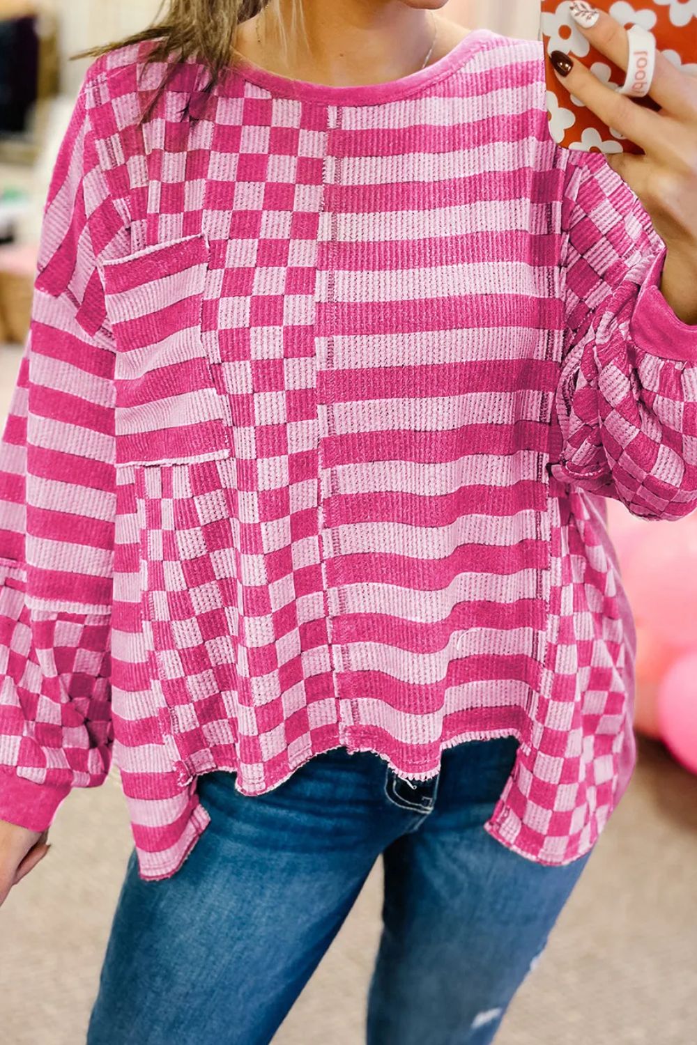 Hazel Blues® |  Checker & Stripes Round Neck Long Sleeve Blouse