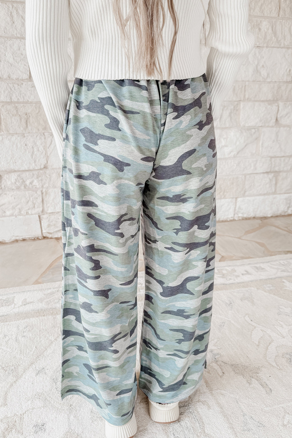 Green Camo Wide-Leg Tie Elastic-Waist Casual Pants