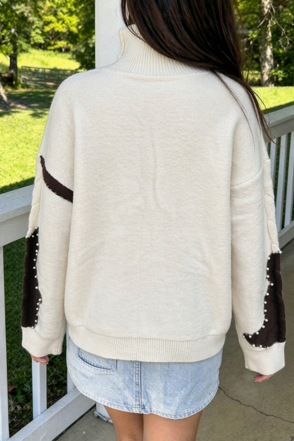 Western Cow-Spot Beaded Cable-Knit Sweater