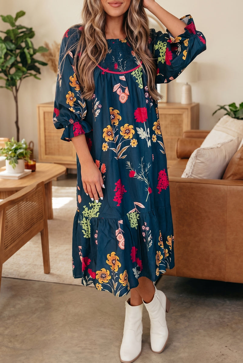 casual floral midi dress Gathered Neckline Floral-Print 7/8 Sleeve ECOM_matchingsets Otrain Com Amazon Summer Color:Vivid Blue 7.48 Waist