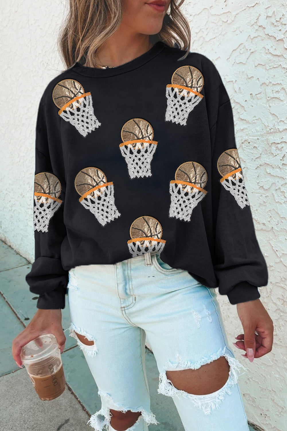 Hazel Blues® |  Black Basketball Patched Game Day Crew Neck Graphic Sweatshirt