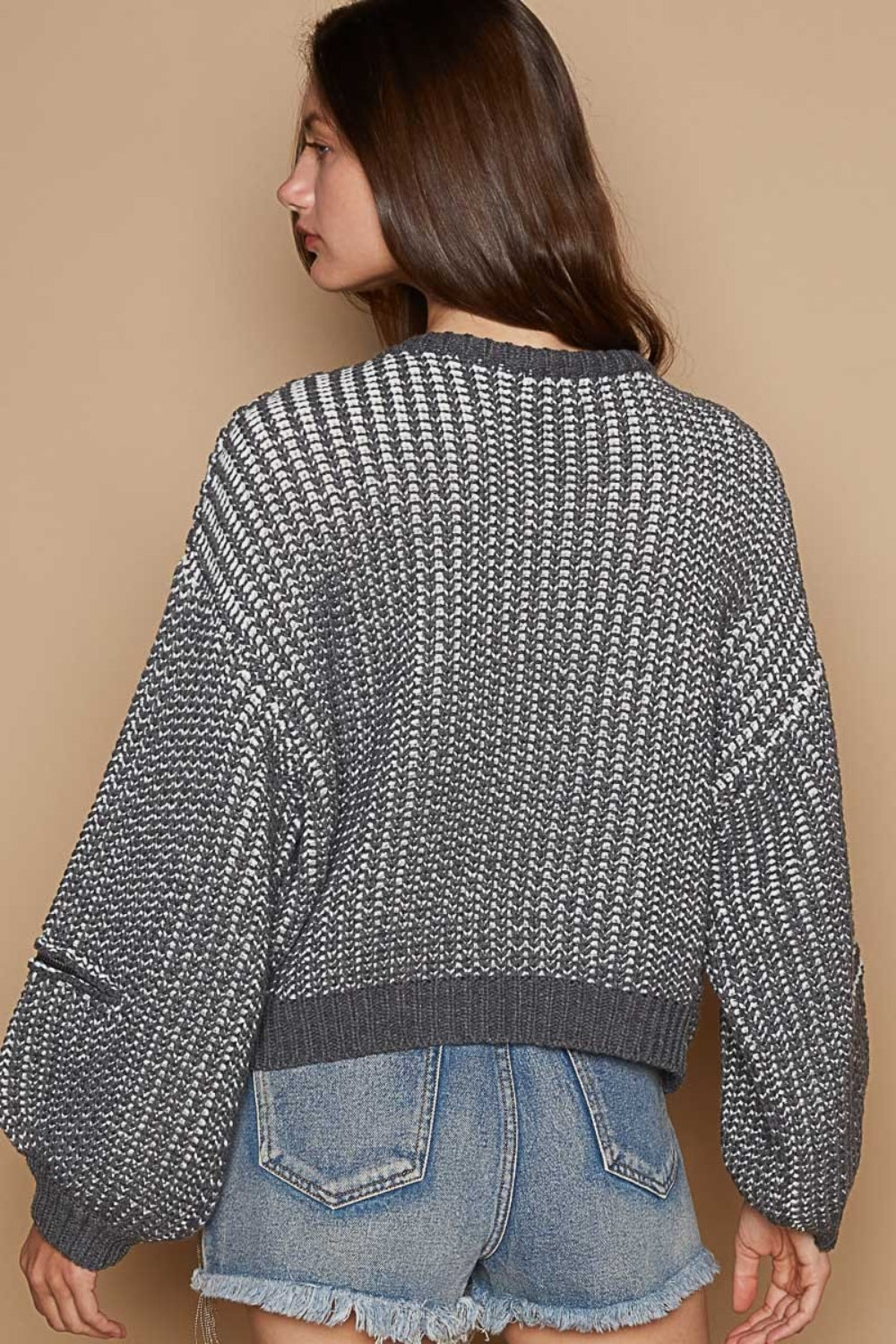 Hazel Blues® |  POL Round Neck Heart Patch Zipper Point Sleeve Sweater