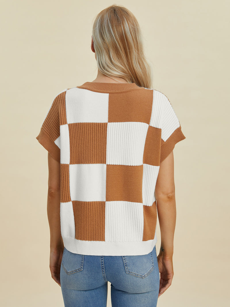 Hazel Blues® |  Double Take Checkered Round Neck Short Sleeve Sweater