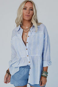 Hazel Blues® |  High-Low Striped Collared Neck Long Sleeve Shirt