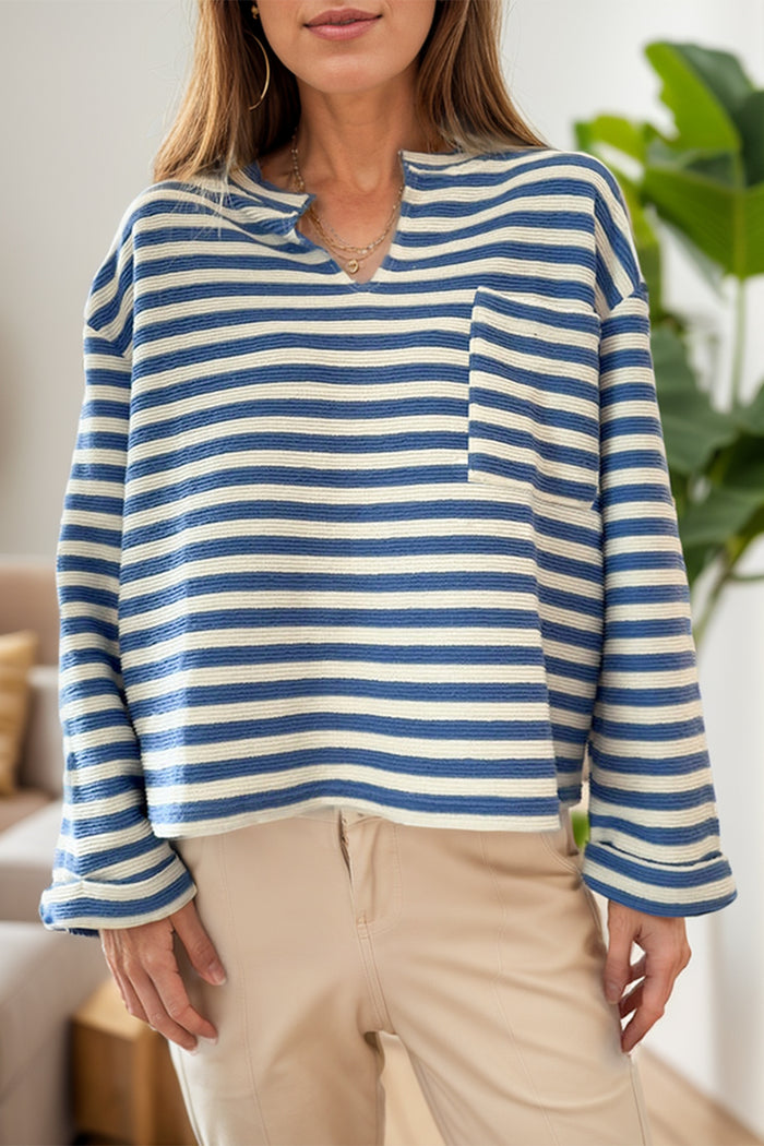 Hazel Blues® |  Striped Notched Long Sleeve Top