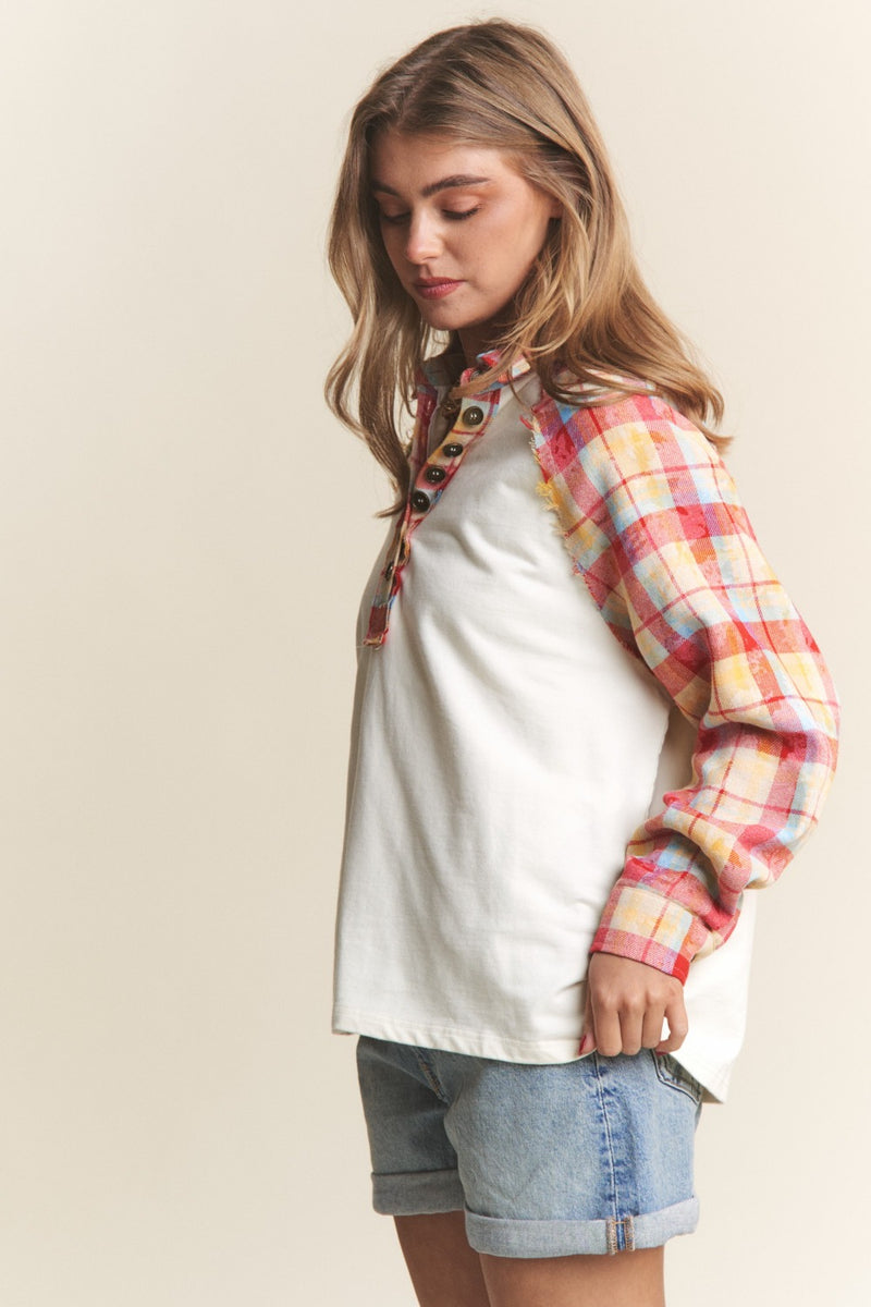 Hazel Blues® |  J.NNA Plaid Contrast Button Down Henley Top