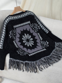 Hazel Blues® |  Fringe Geometric Long Sleeve Poncho