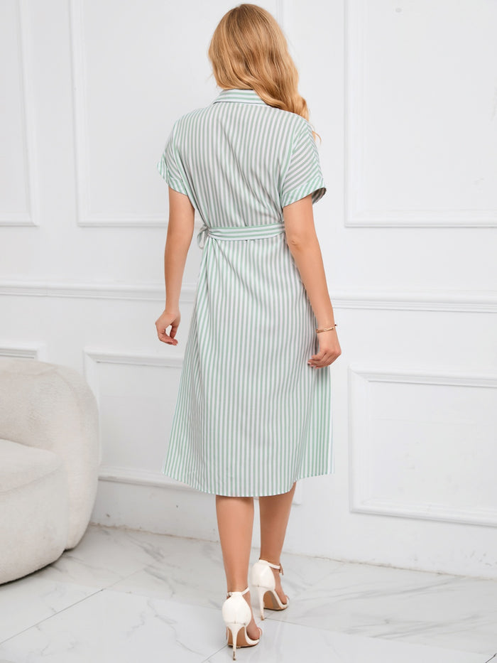 Hazel Blues® |  Striped Short Sleeve Tie Waist Midi Dress