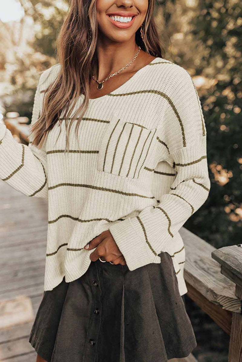 Hazel Blues® |  Striped V-Neck Drop Shoulder Sweater