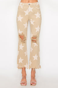 Hazel Blues® |  RISEN High Rise Star Printed Frayed Hem Jeans