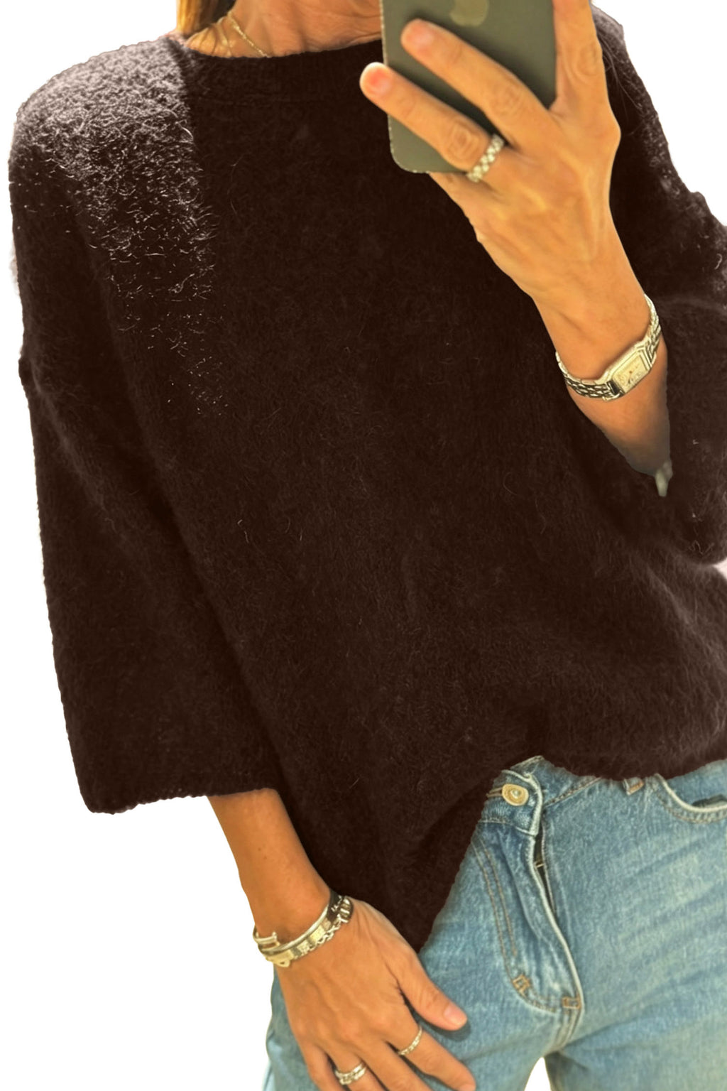 Dark Brown Short-Sleeve Knit Sweater