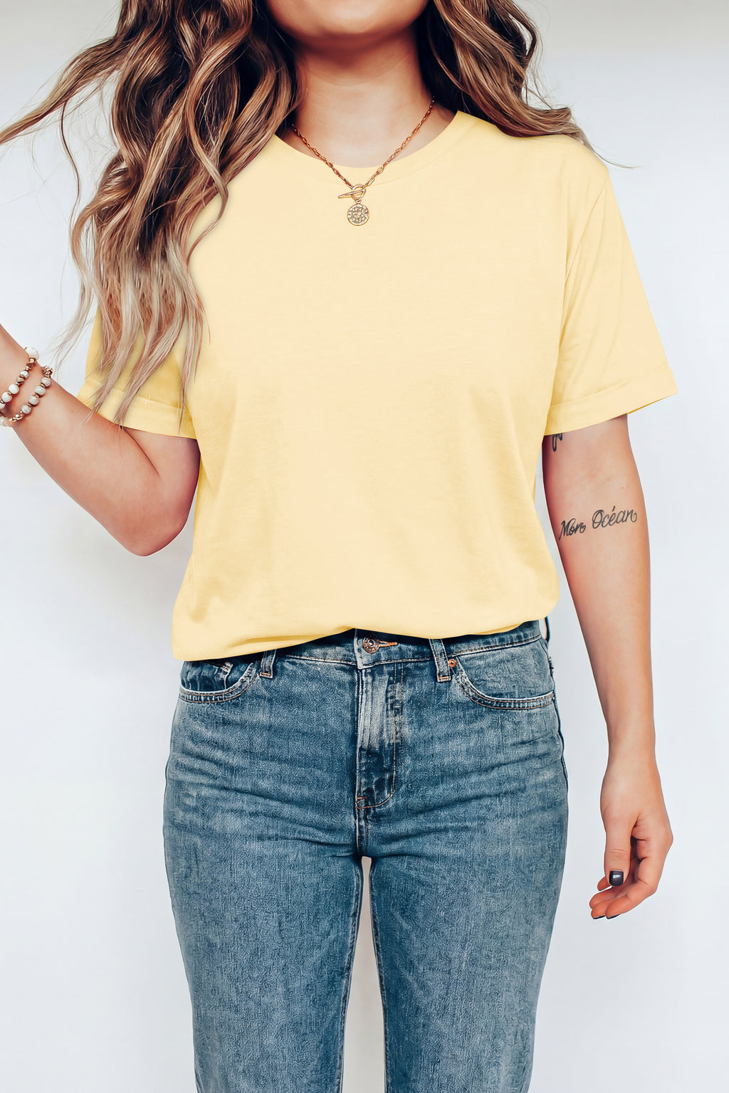 Yellow Cream Casual Plain Crew Neck Tee