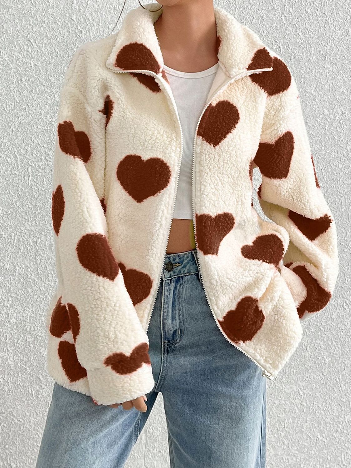 Hazel Blues® |  Heart Zip Up Drop Shoulder Furry Jacket