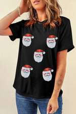 Hazel Blues® |  Black Faux Sequin Christmas Claus Pattern Crewneck T Shirt