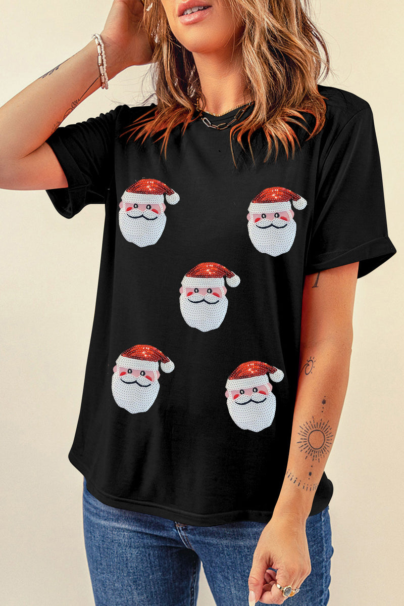 Hazel Blues® |  Black Faux Sequin Christmas Claus Pattern Crewneck T Shirt