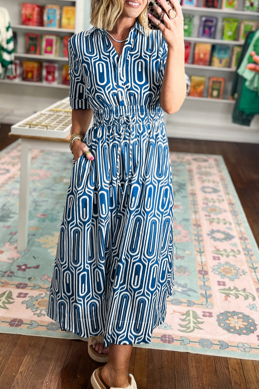 Geometric-Print Short-Sleeve Drawstring Shirt Collar Dress