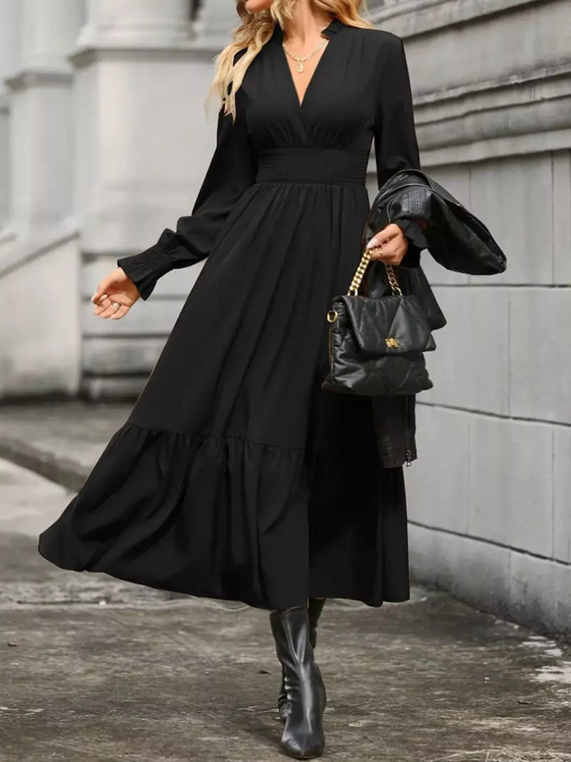 black long sleeve tiered midi dress BZSFW Women's Long Sleeve Midi Dress Wrap V Neck A Line Smocked Flowy Tiered Casual Winter Dresses (Small, Black) at Amazon Women's Clothing store