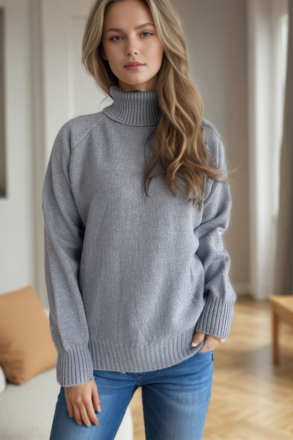 Hazel Blues® |  Ribbed Turtleneck Raglan Sleeve Sweater