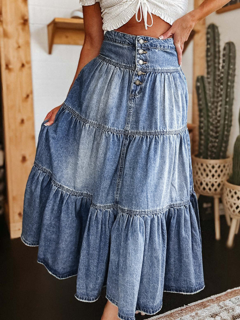 Hazel Blues® |  Tiered Button-Fly Denim Skirt