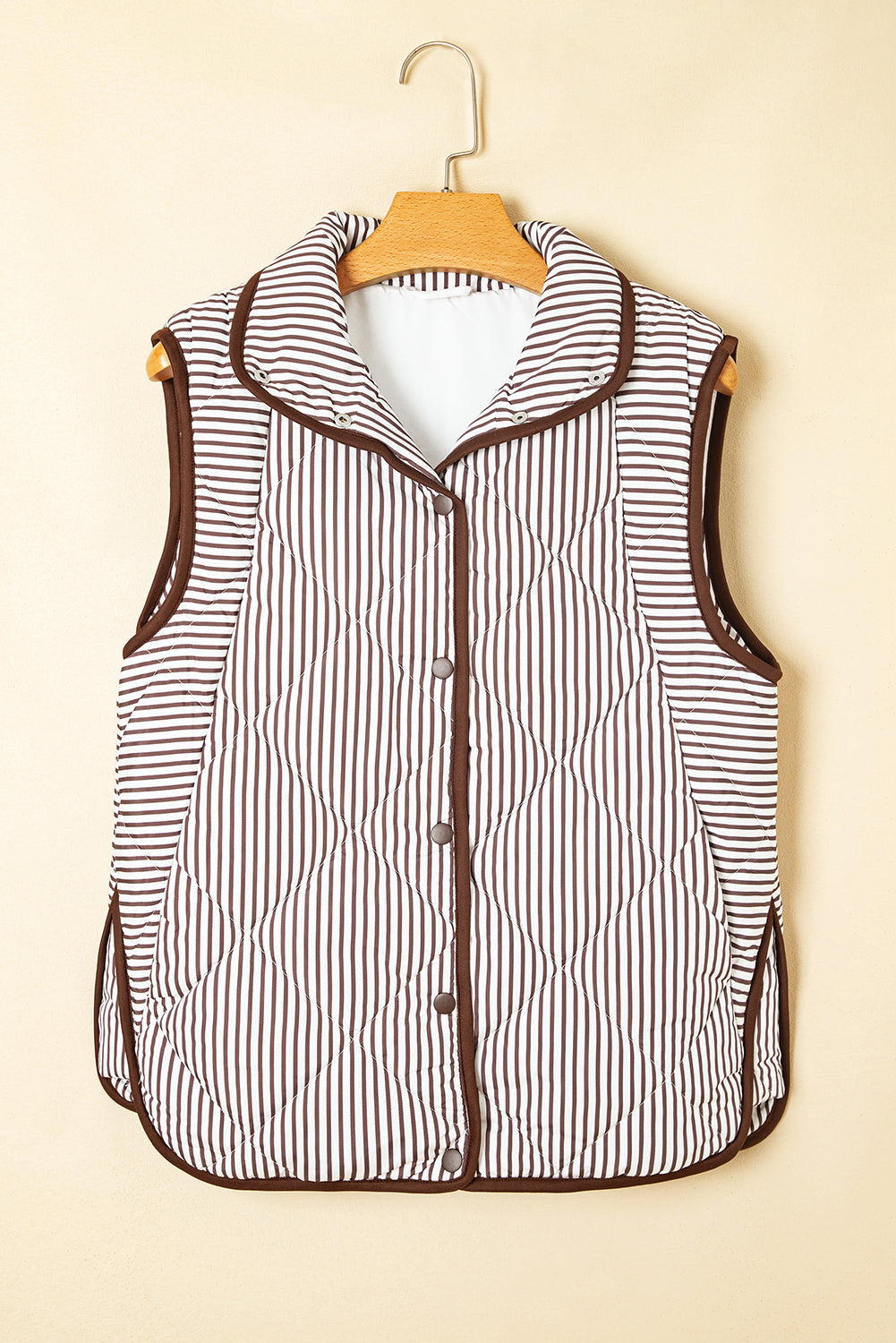 Hazel Blues® |  Brown Stripe Snap Button Scalloped Hem Collared Winter Vest
