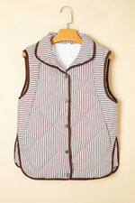 Hazel Blues® |  Brown Stripe Snap Button Scalloped Hem Collared Winter Vest