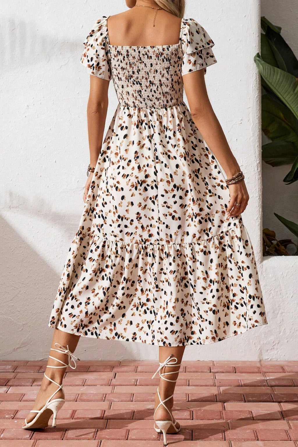 Beige Ditsy-Floral Smocked Ruffle-Sleeve Dress
