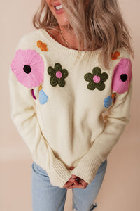 Hazel Blues® |  Crochet Flower Round Neck Dropped Shoulder Sweater