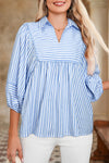 Hazel Blues® |  Sky Blue Stripe Shirt Collar V Neck Ricrac Trim 3/4 Puff Sleeve Blouse