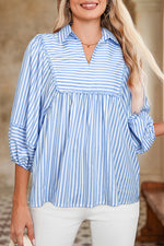 Hazel Blues® |  Sky Blue Stripe Shirt Collar V Neck Ricrac Trim 3/4 Puff Sleeve Blouse