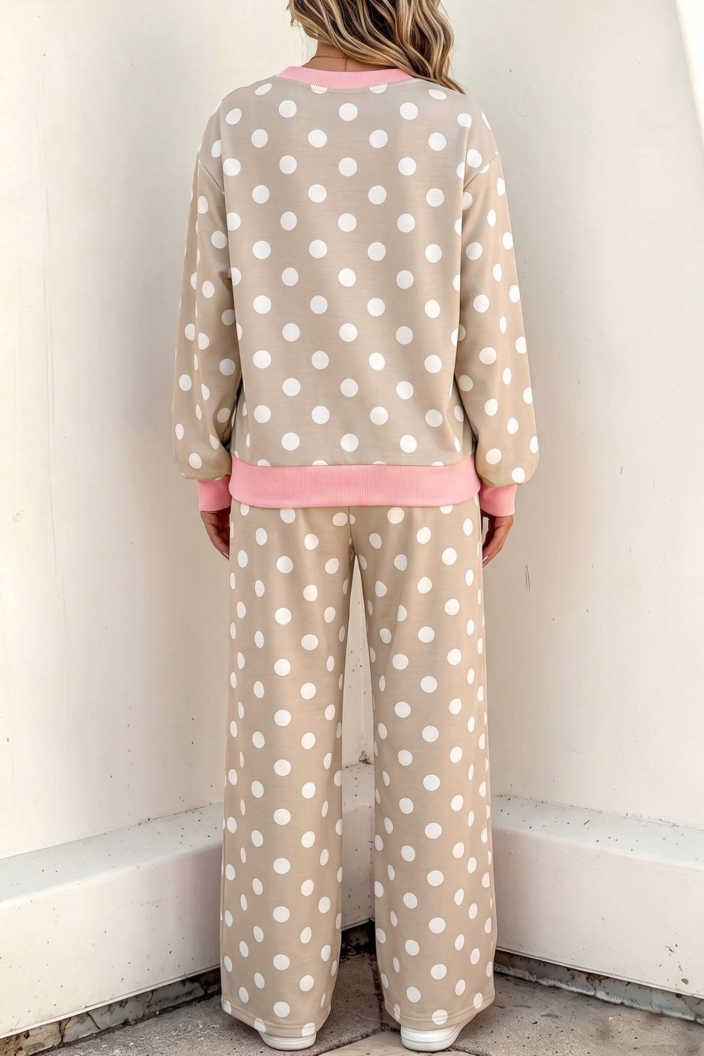 Khaki Polka-Dot Contrast Trim Long-Sleeve Top Drawstring Shift Pants Set