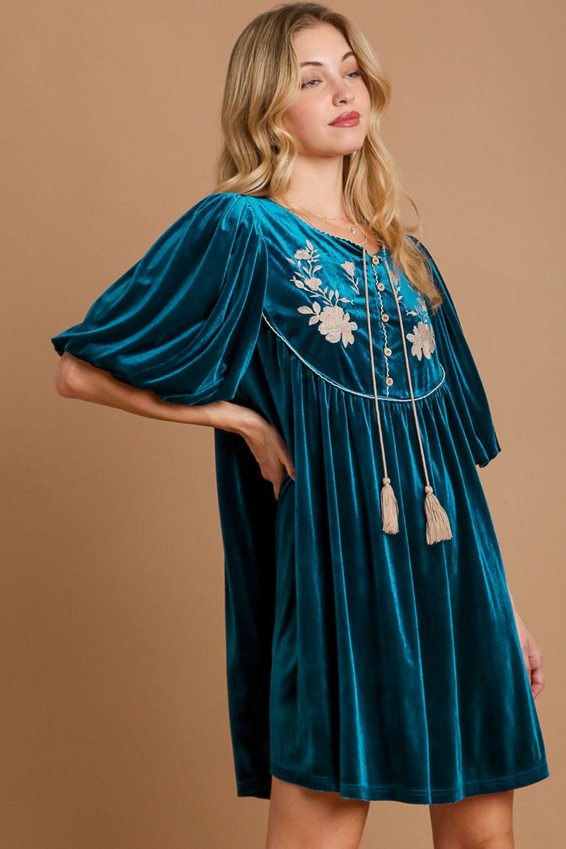 Hazel Blues® |  Umgee Embroidered Half Sleeve Velvet Mini Dress with Tassel