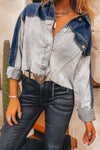 Hazel Blues® |  Dusk Blue Color Block Patchwork Flap Detail Distress Denim Jacket