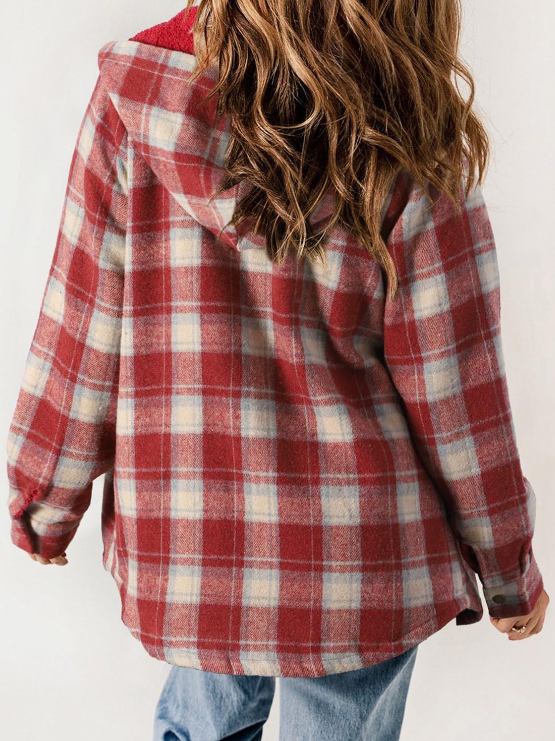 Hazel Blues® |  Plaid Snap Down Plush Hooded Jacket