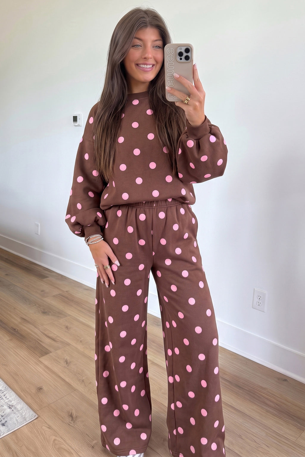 Brown Polka Dot Puff-Sleeve Pant Set