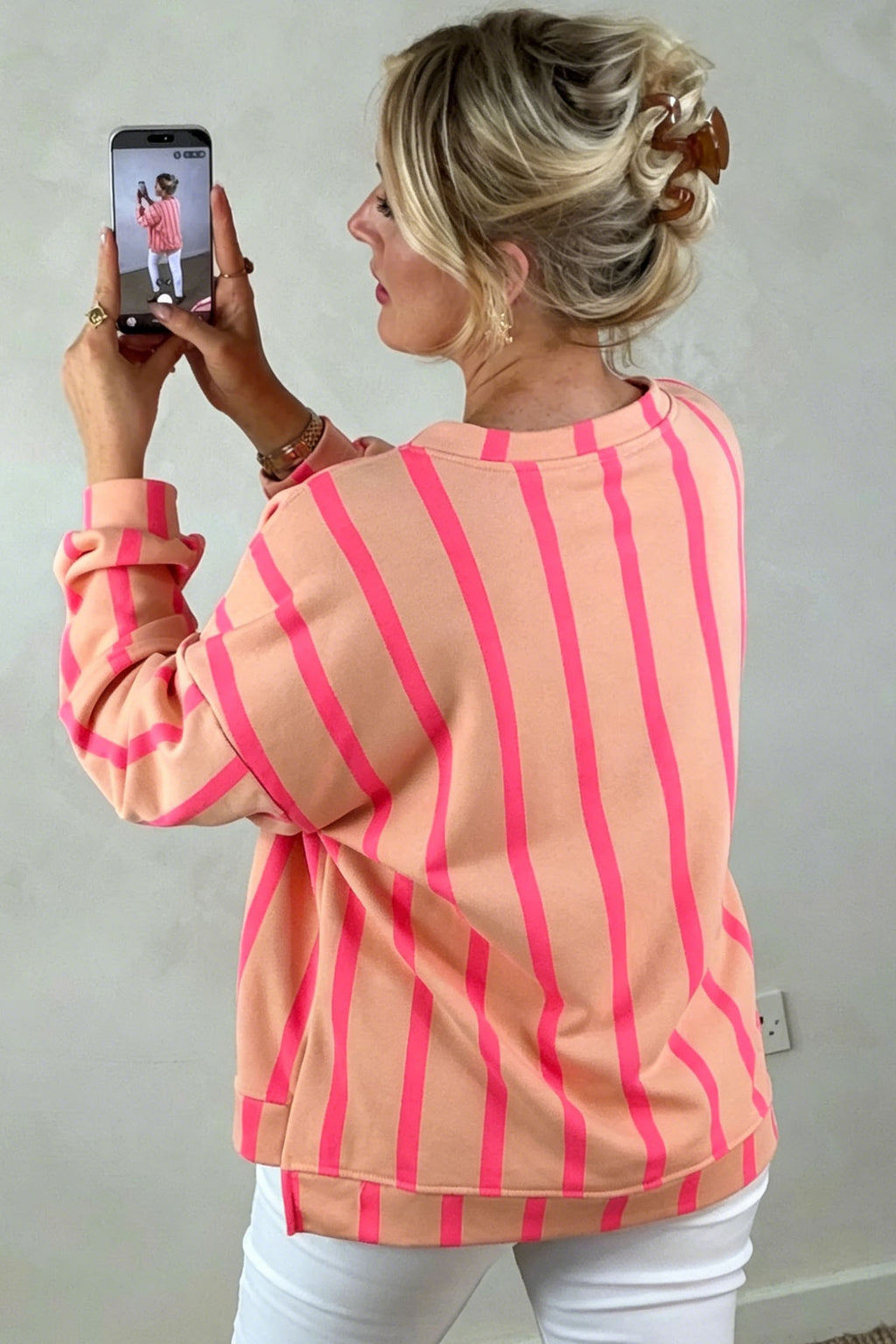 Fiona Hope Pink Stripe Dropped Shoulder Round Neck Casual Sweatshirt