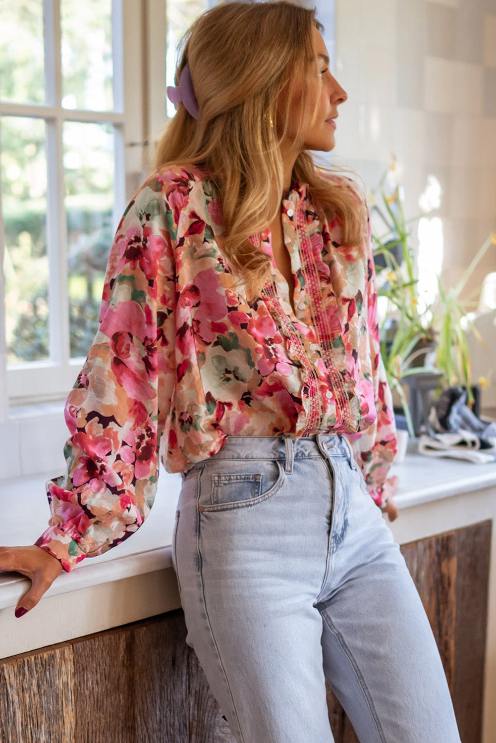 Hazel Blues® |  Frill Floral Button Down Long Sleeve Shirt