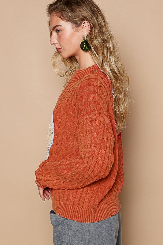 Hazel Blues® |  POL Cable-Knit Peace Patch Dropped Shoulder Sweater