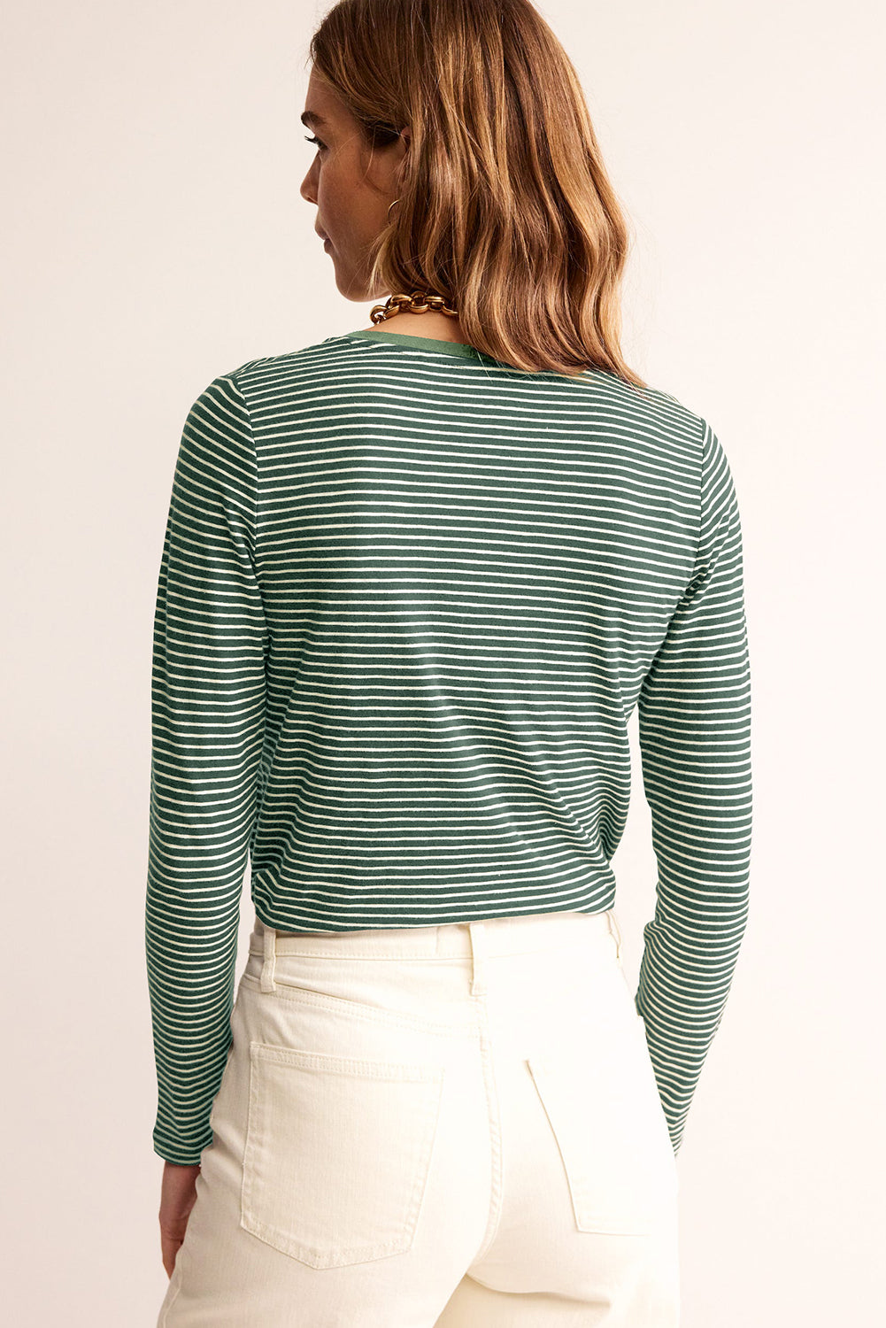 Hazel Blues® |  Green Stripe V Neck Stretchy Long Sleeve Top