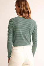 Hazel Blues® |  Green Stripe V Neck Stretchy Long Sleeve Top