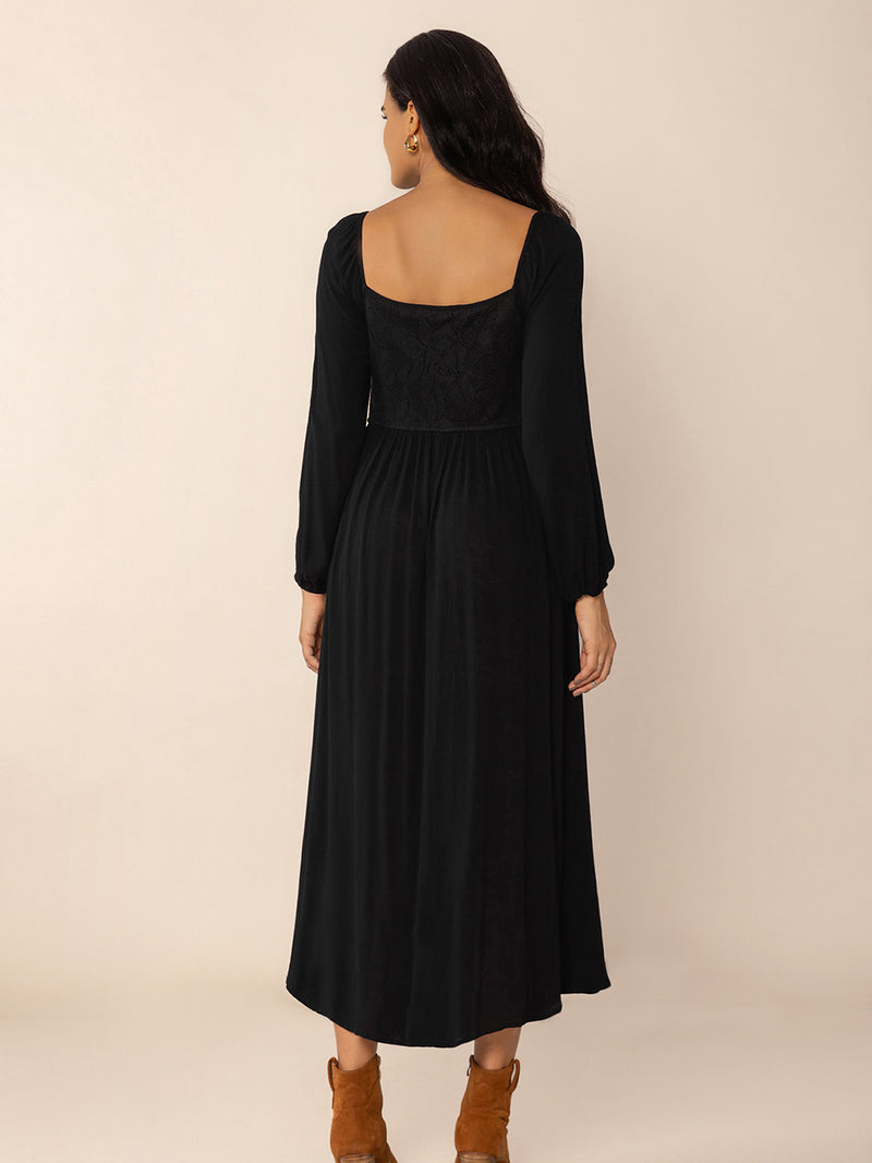 Hazel Blues | Lace-Up Square Neck Long Sleeve Midi Dress Hazel Blues | Lace-Up Square Neck Long Sleeve Midi Dress