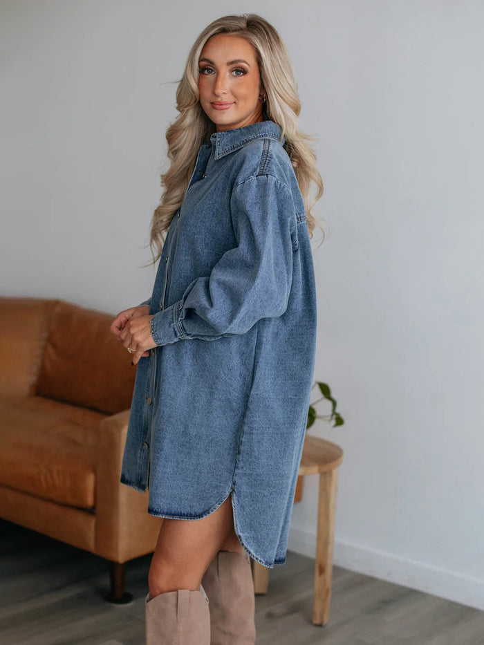 Hazel Blues® |  Button Up Collared Neck Long Sleeve Denim Dress