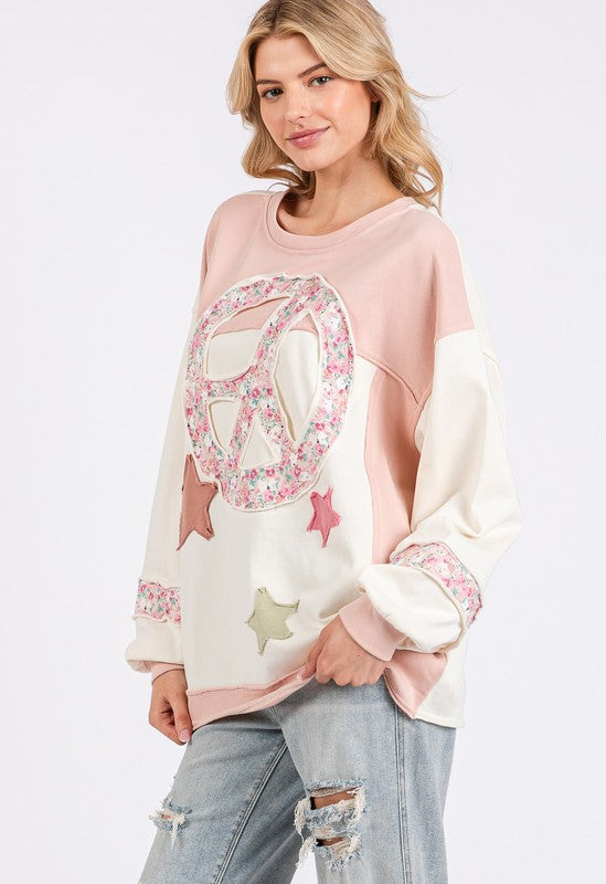 Hazel Blues® |  SAGE + FIG Peace & Star Patch Contrast Round Neck Sweatshirt