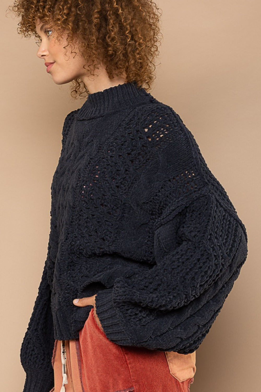 Hazel Blues® |  POL Mock Neck Cable Knit Sweater