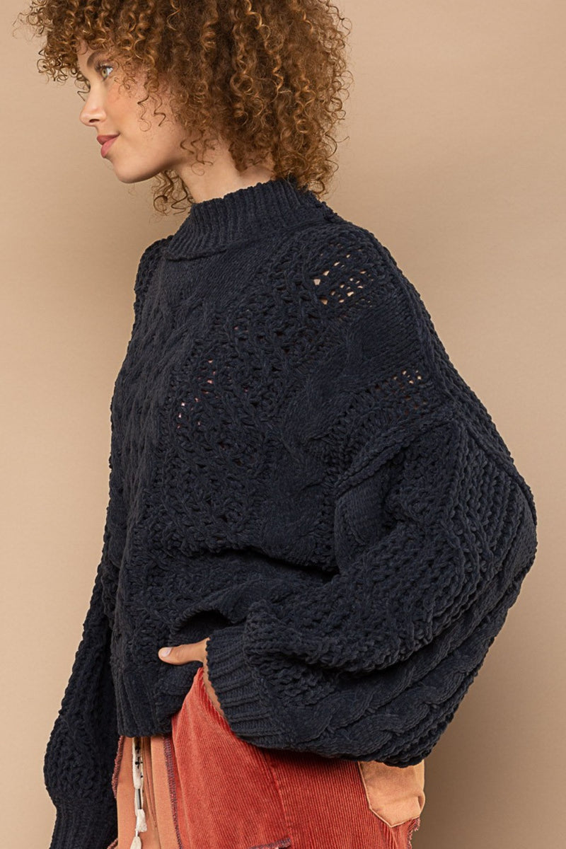 Hazel Blues® |  POL Mock Neck Cable Knit Sweater