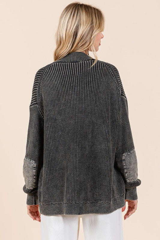 Hazel Blues® |  Mittoshop Contrast Patch Open Front Mineral Wash Cardigan
