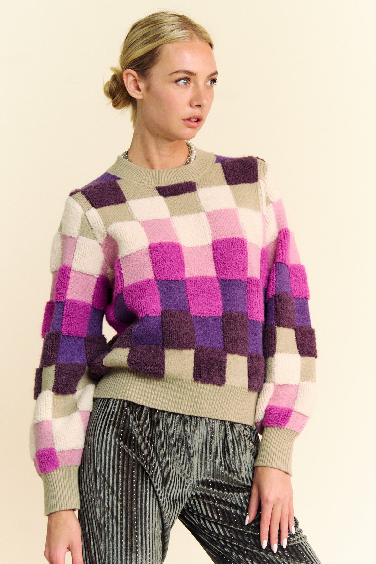 Hazel Blues® |  Davi & Dani Checkered Round Neck Long Sleeve Sweater