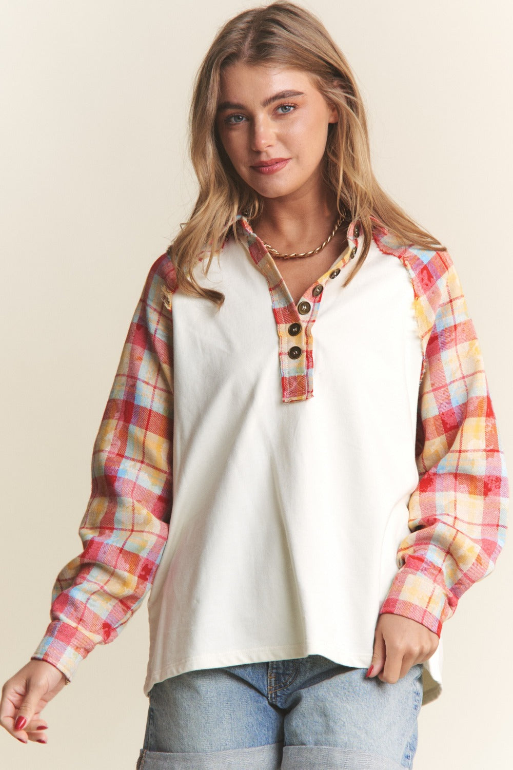 Hazel Blues® |  J.NNA Plaid Contrast Button Down Henley Top