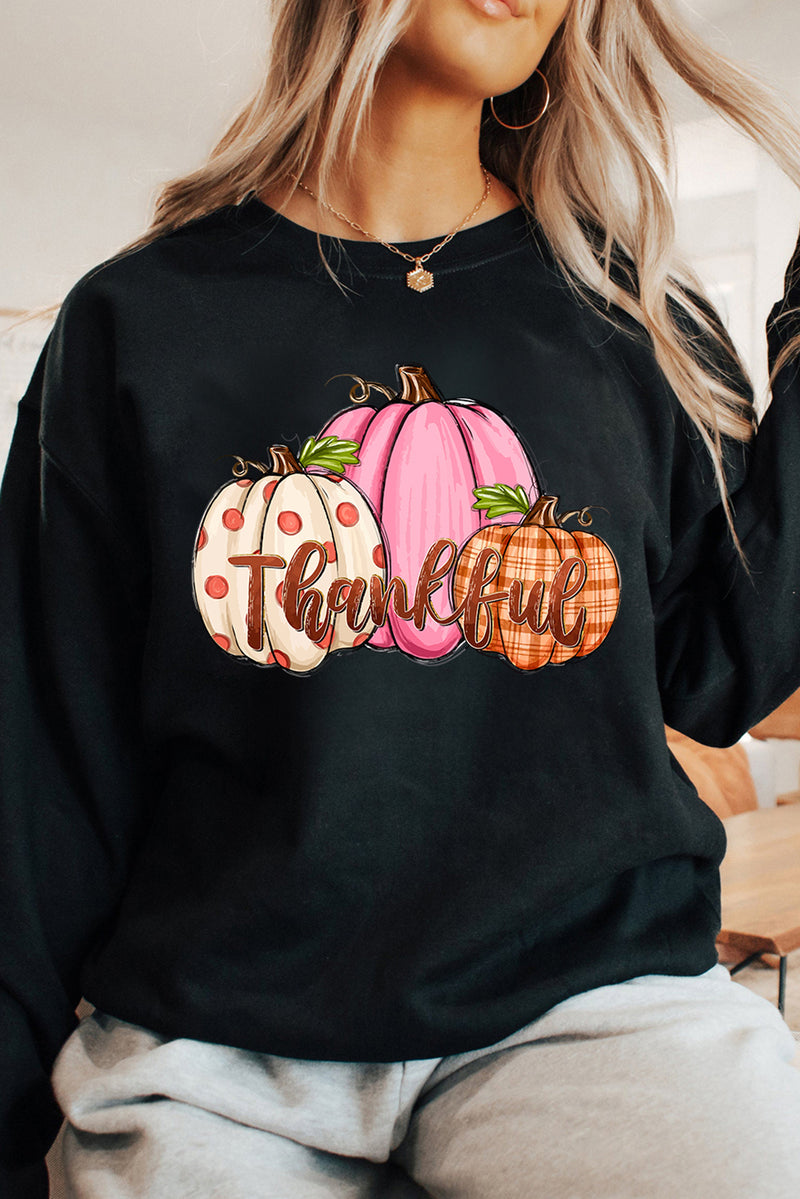 Hazel Blues® |  Black Pumpkin Thankful Drop Shoulder Thanksgiving Pullover Sweatshirt