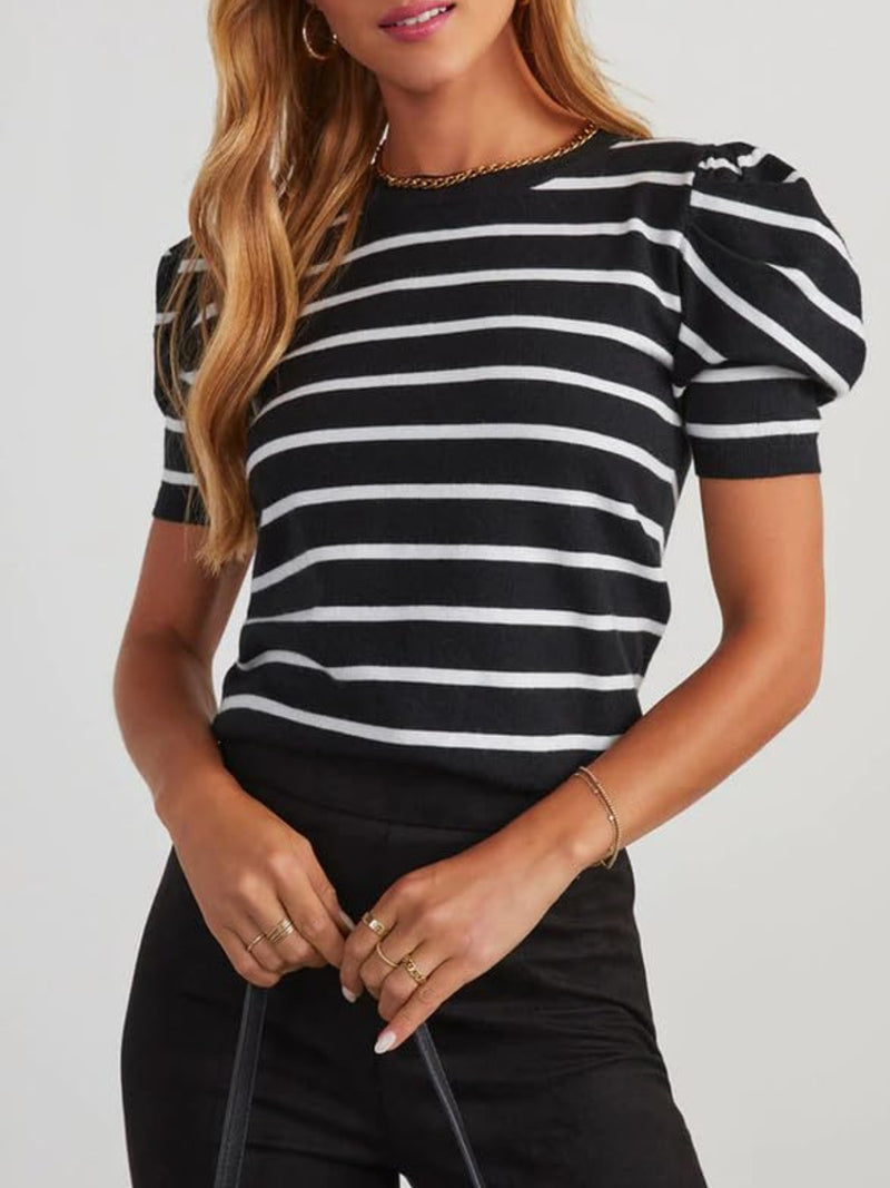 Hazel Blues® |  Striped Round Neck Puff Sleeve Knit Top