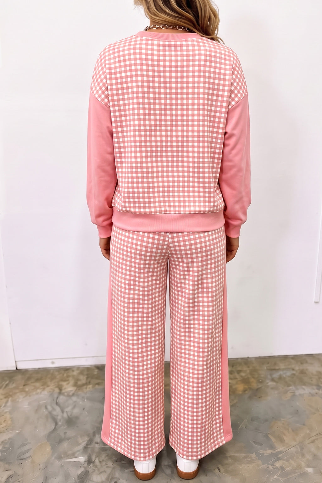 Savannah Pearl Pink Plaid Color-Block Pants Set